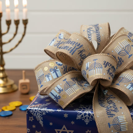 Celebrate It Happy Hanukkah wired burlap ribbon tied as a bow on a gift wrapped in blue and silver paper with menorah and dreidels in the background
