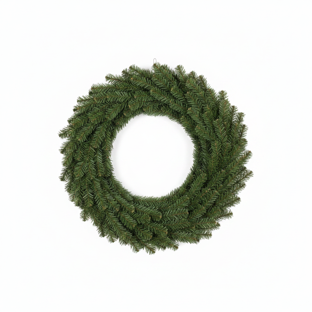 Large 36 inch lush green pine double ring wreath form undecorated on white background