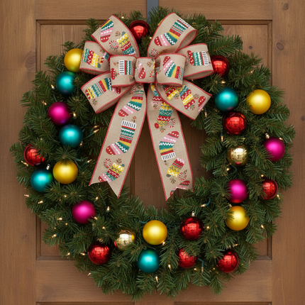 Celebrate It Christmas wired ribbon with burlap texture and colorful stocking pattern formed into a large bow on a Christmas wreath with pine branches and colorful ornaments