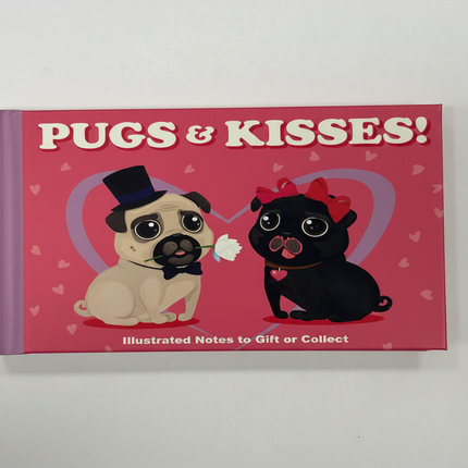 Pugs and Kisses illustrated notes book with pink cover featuring fawn pug in top hat and black pug with red bow on white background