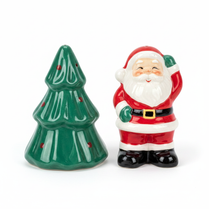 Christmas Santa and Christmas Tree Salt & Pepper Shaker Set close-up detail
