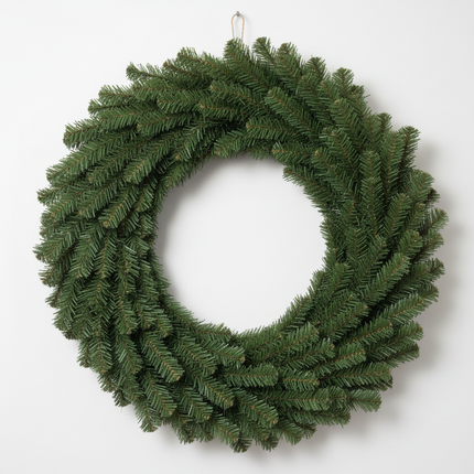 Large 36 inch lush green pine double ring wreath form hanging on a white wall undecorated