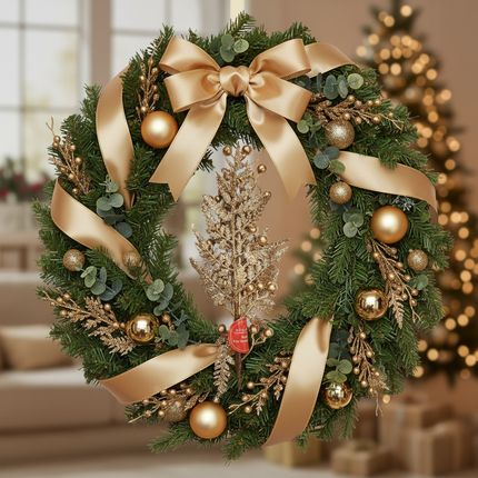 Ashland gold glitter Christmas pick spray 16 inch inserted into a Christmas wreath with gold ribbon and ornaments