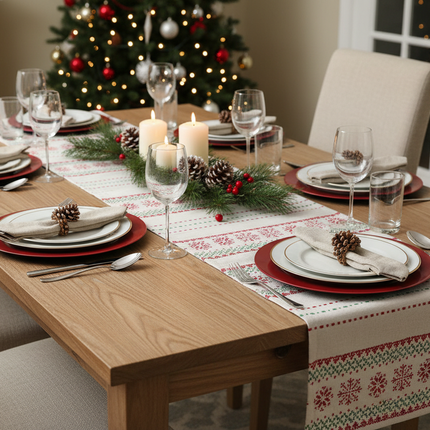 Cream Nordic snowflake table runner styled on a Christmas dining table with holiday place settings and candles