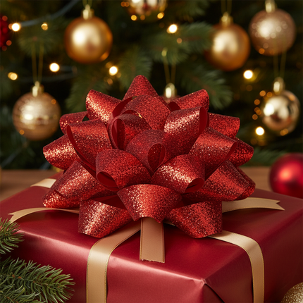 Celebrate It red glitter wired ribbon 2.5in x 20ft formed into a large sparkling bow on a wrapped Christmas gift with pine branches and gold ornaments