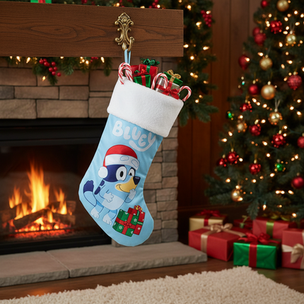 Bluey Christmas stocking 18in stuffed with candy canes and wrapped gifts