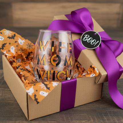 Celebrate It Wife Mom Witch stemless wine glass gift wrapped in a box with Halloween tissue paper and ribbon