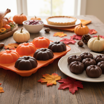 Orange silicone pumpkin shaped mold with chocolate pumpkin treats on a Thanksgiving table with autumn leaves and mini pumpkins
