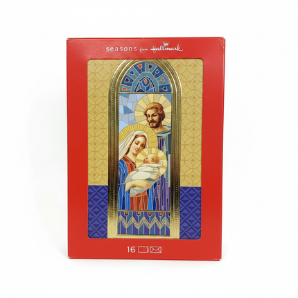 Seasons from Hallmark Holy Family Nativity Christmas Cards 16-Pack box front view on white background