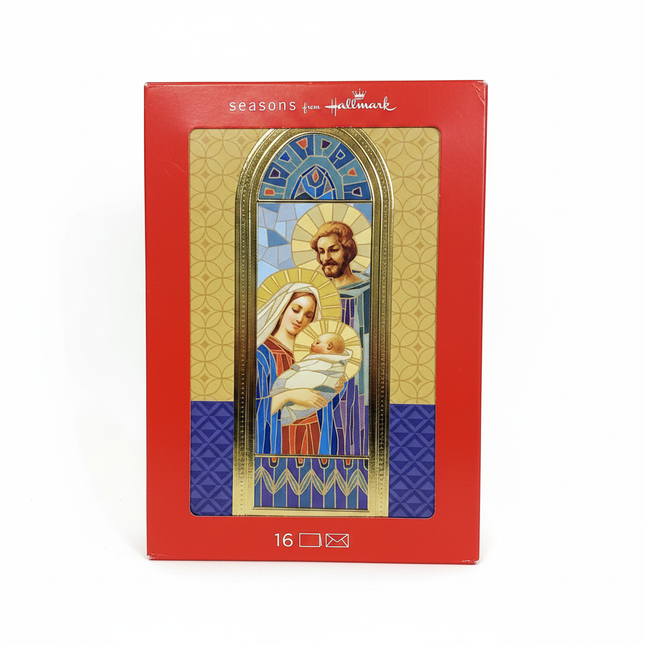 Seasons from Hallmark Holy Family Nativity Christmas Cards 16-Pack box front view on white background