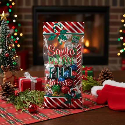 Celebrate It Christmas treat bags filled with candy and small gifts arranged on a holiday table with Christmas decorations