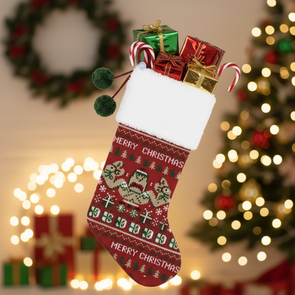 Traditional woven Merry Christmas stocking 18in stuffed with gifts and candy canes