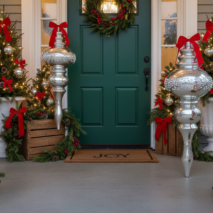 Ashland oversized home decor Christmas ornaments arranged on a front porch with greenery and ribbon as outdoor holiday decor