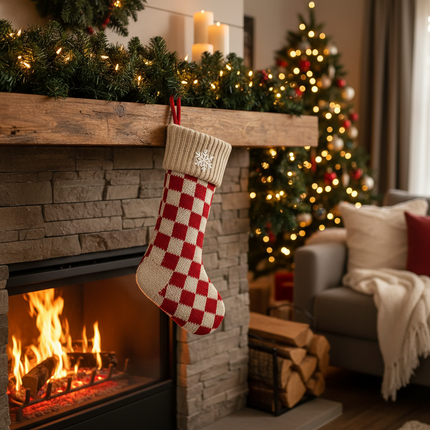 Red and white knit Christmas stocking 18in hanging on holiday mantel with Christmas lights
