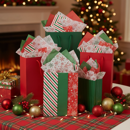 Celebrate It Christmas tissue paper 36pc with candy cane stripe, solid green, and red snowflake designs fluffed in gift bags on a festive holiday table