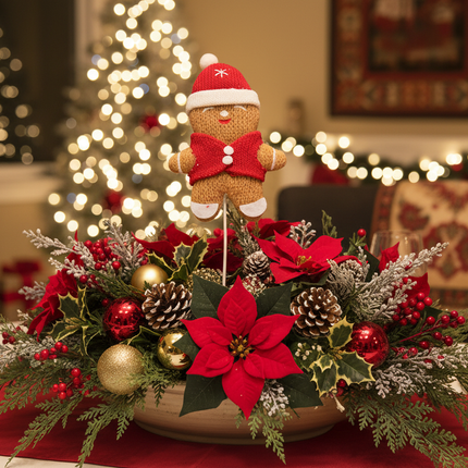 Ashland 12 inch gingerbread man decorative pick placed in a Christmas floral arrangement on a holiday table