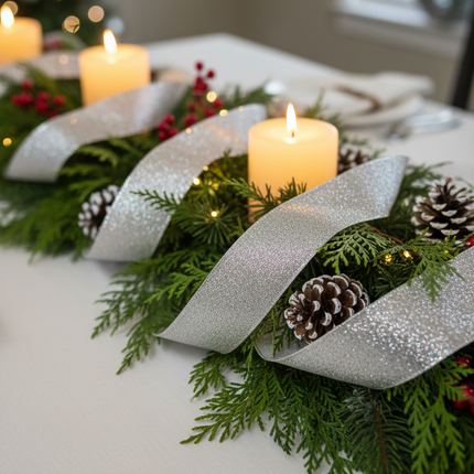 Celebrate It silver glitter wired ribbon draped on a Christmas table centerpiece with candles pine cones and greenery