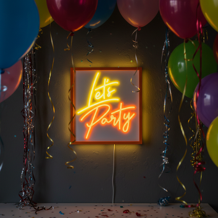 Neon Let's Party Ashland wall decor 15x16 inch glowing on a dark wall at a party with balloons and streamers