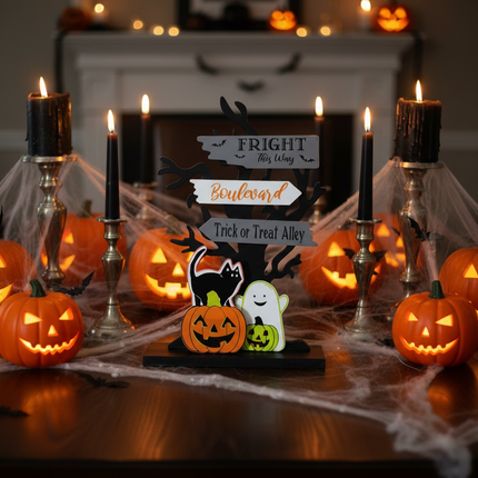 Ashland electric Halloween tabletop decor 6.25 inch on a Halloween themed dining table with black candles and orange pumpkins