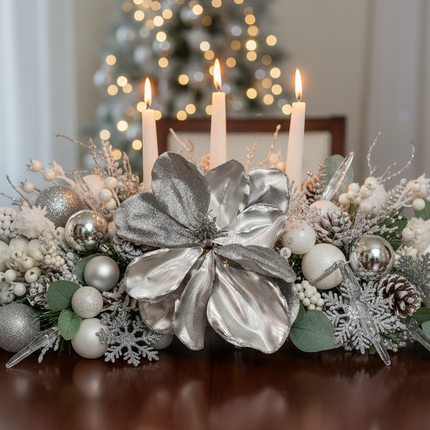 Ashland silver 8 inch decorative floral pick in a Christmas centerpiece with silver and white ornaments and candles