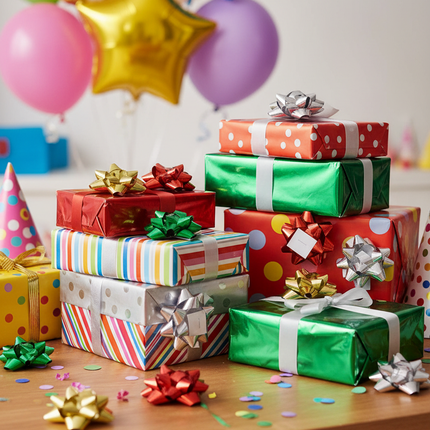 Celebrate It peel and stick gift wrapping bows on birthday presents with balloons and confetti