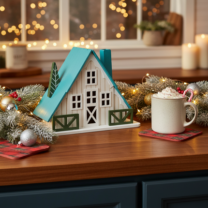 White A-frame cottage tabletop decor styled on a kitchen counter with winter holiday decor