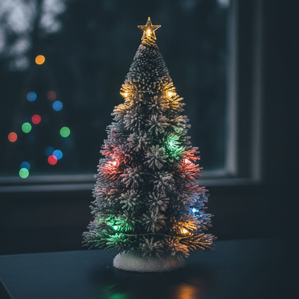 Snow-flocked green spruce tabletop Christmas tree close-up with multicolor lights glowing