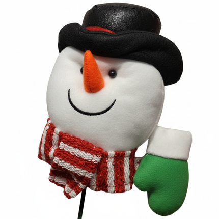 Close-up of plush snowman wreath pick with black top hat, orange carrot nose and red striped scarf detail
