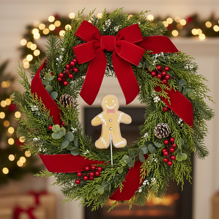Ashland gingerbread man craft pick inserted into a lush Christmas wreath with red ribbon and berries