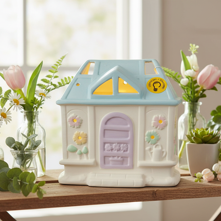 Ceramic house lantern with floral details painted in pastel colors glowing with warm LED light displayed on a shelf with spring flowers