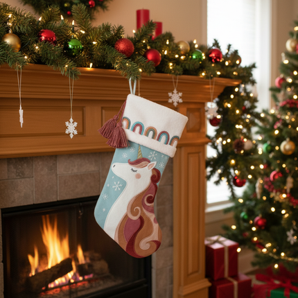 Unicorn Christmas stocking 18in hanging on holiday mantel with pine garland and Christmas lights
