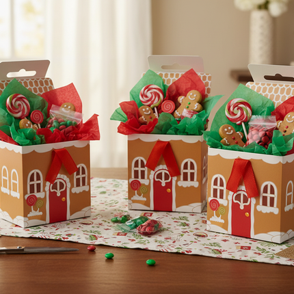 Celebrate It treat boxes 2 sets open with tissue paper and treats inside on a gift wrapping table