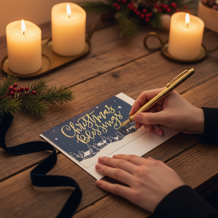 Christmas Blessings card being written with gold pen on wooden desk with warm candlelight glow