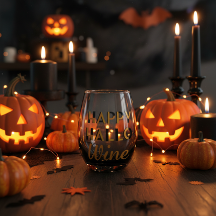 Celebrate It Happy Hallo Wine stemless wine glass on a Halloween party table with pumpkins, black candles, and orange fairy lights