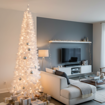7ft slim white pencil Christmas tree in a modern living room corner with wrapped gifts underneath