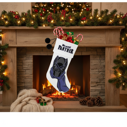Black Panther Christmas stocking 18in stuffed with candy canes and wrapped gifts