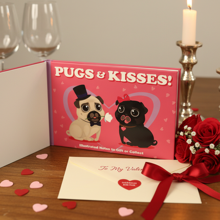 Pugs and Kisses illustrated notes book styled as a Valentine's Day gift with ribbon, envelope and flowers on a romantic table setting