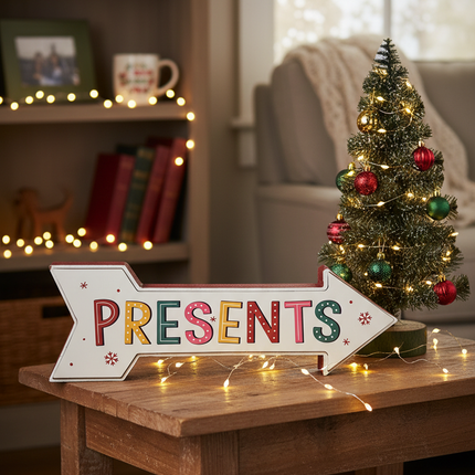 Ashland tabletop Christmas decor sign on a bookshelf next to a small Christmas tree and fairy lights