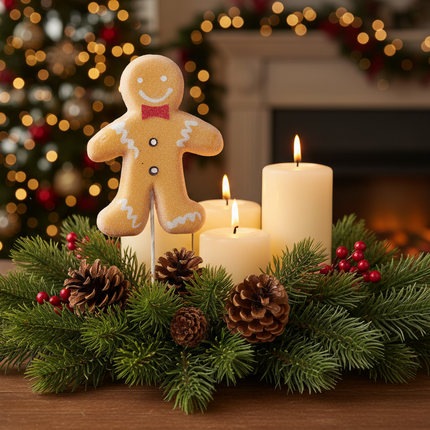 Ashland gingerbread man craft pick tucked into a Christmas centerpiece with greenery pinecones and candles