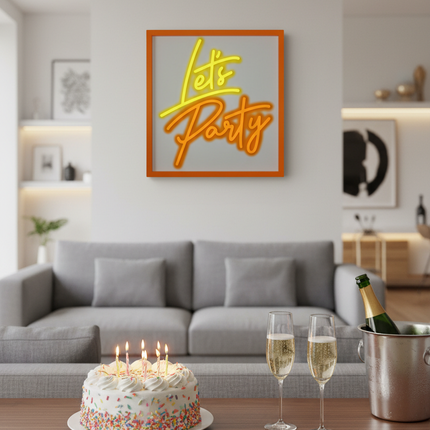 Neon Let's Party Ashland wall decor 15x16 inch on a white wall in a modern home bar with birthday cake and champagne glasses
