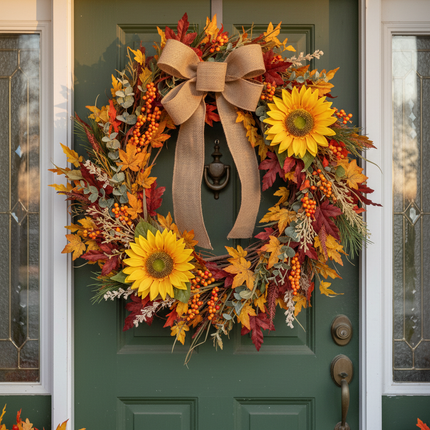 Ashland 28 inch dual golden yellow sunflower stems tucked into a fall autumn wreath with burlap ribbon on a front door