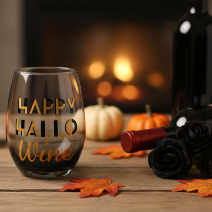 Celebrate It Happy Hallo Wine stemless wine glass next to a bottle of red wine and mini pumpkins on a rustic wooden table