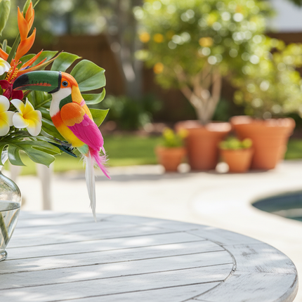 Decorative toucan bird ornament with green beak and colorful feathers clipped onto a floral arrangement in a vase on a bright patio table