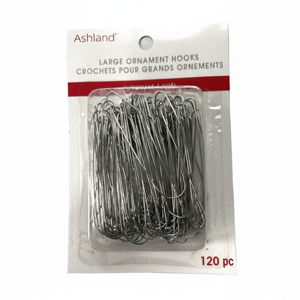 Ashland large 2.25 inch silver Christmas ornament hooks 120 pack flat lay on white background