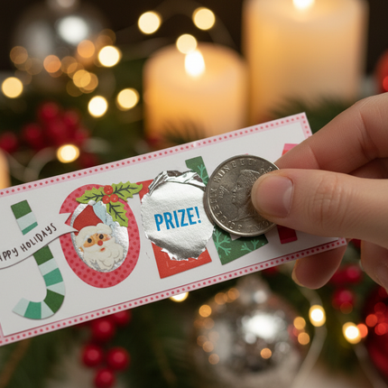 Recollections Christmas scratch off card being scratched with a coin revealing a hidden message in a festive Christmas setting