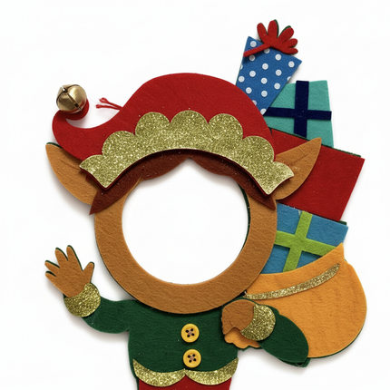 Close up detail of felt elf ornament red hat gold glitter trim and circular photo frame