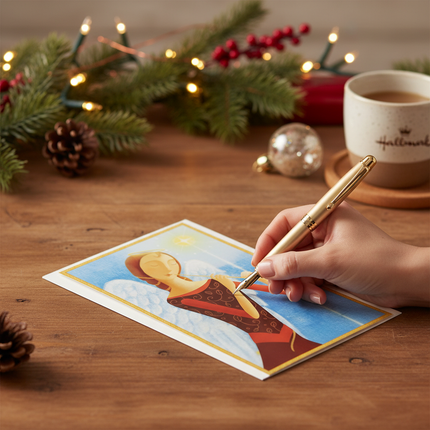 Hallmark Image Arts Angel Trumpet Christmas card being written on wooden desk with pen