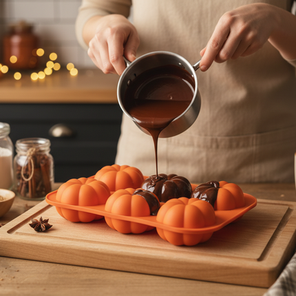 Someone pouring melted chocolate into an orange silicone pumpkin shaped treat mold in a cozy fall kitchen setting