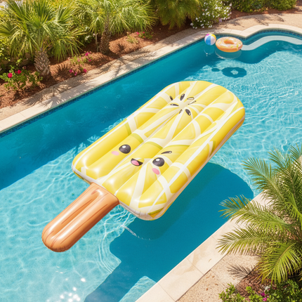 Aerial top-down view of giant inflatable lemon popsicle pool float in a tropical backyard pool