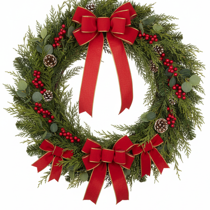 Natural grapevine wreath base decorated with Christmas greenery, red berries, pine cones and red ribbon